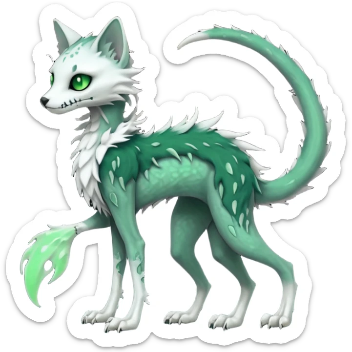 Kawaii spectral spooky dark bleak blackish swampy white-skeletal gloomy ghostly dark greyish dark-deep-greenish foggy eldritch beautiful realistic edgy fantasy ghoul-like stitched feline-vernid-sergal-fursona animal creature with a tufted tail full body with intricate markings  sticker