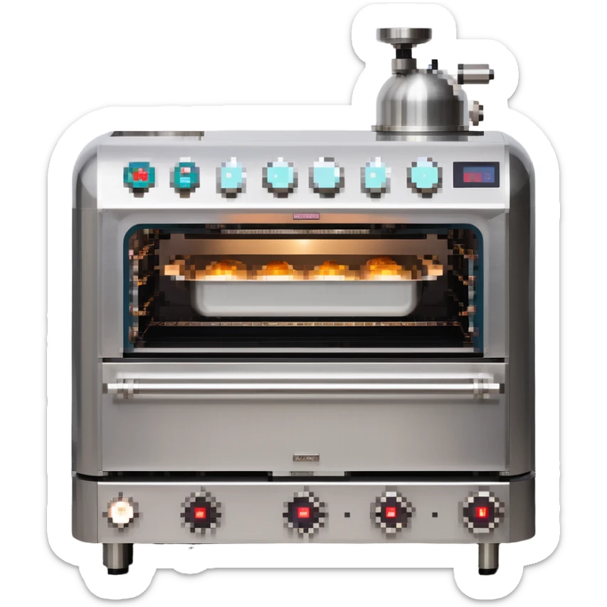 A robotic baker with stainless steel limbs, built-in mixers, and a retro-futuristic oven. The environment is industrial-chic: brushed metal surfaces, LED panels, and mechanical arms. UI mimics control panels with toggle switches, rivets, and analog dials. sticker