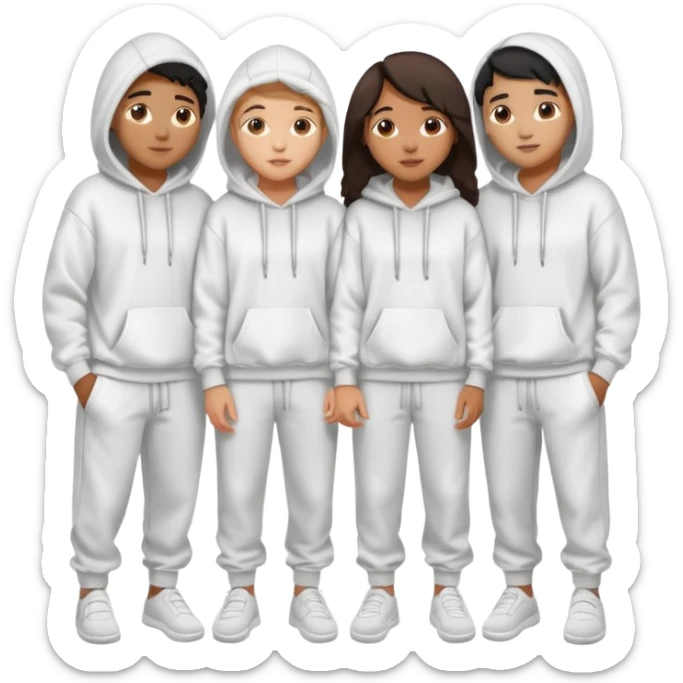 four mixed race friends all wearing white oversized hoodies with the all of the hoods up, white sweatpants, and white slides huddled together hugging sticker