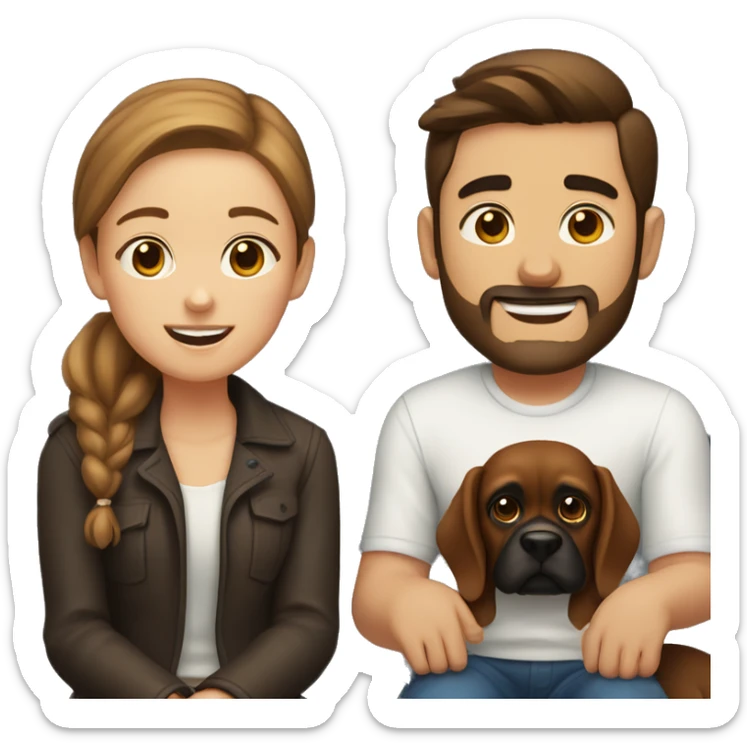 a girl with brown hair, and a man with short buzz brown hair with a beard, sitting with two dark brown boxer dogs sticker