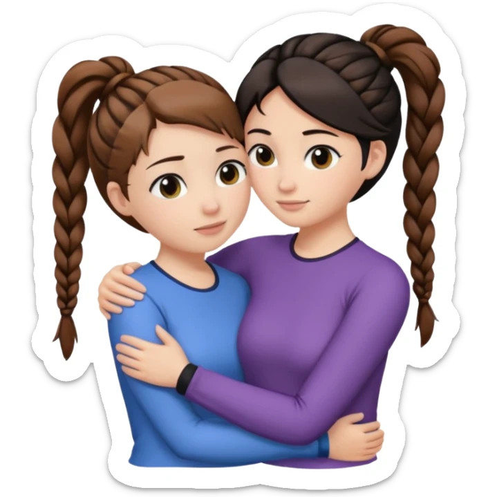 Comforting Hug two white skin women, one shorter woman with brown hair in top ponytail, not braided, and one taller woman with black hair in long side braid sticker