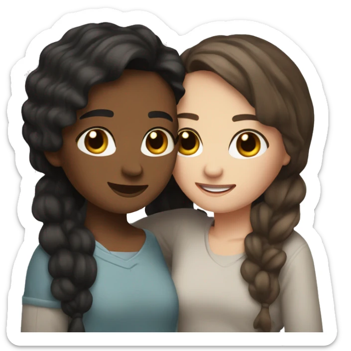 Two best friends hugging one with wavy black hair and the other with straight brown hair with highlights. Both white skin sticker