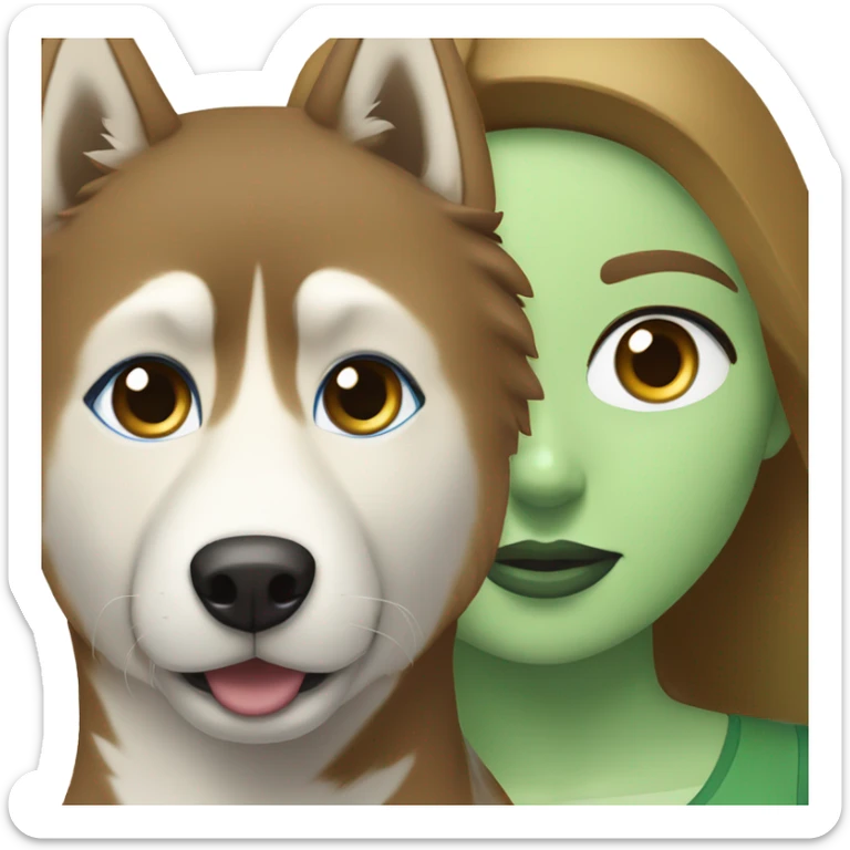 Brown hair  woman with blue eyes with a golden Husky with green eyes sticker