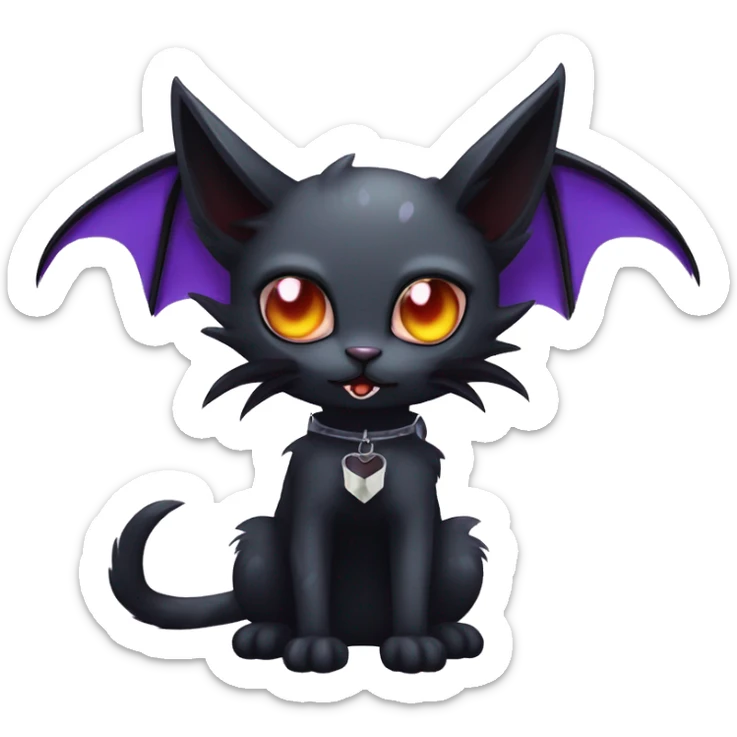  cool edgy kawaii ethereal dark-punk-themed animal vampiric cat-hybrid Fakemon with fangs and bat-wing-ears with a collar full body sticker
