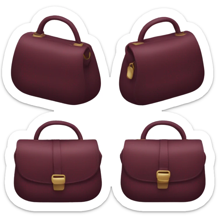 Small burgundy coloured bag with a short oval hing. The bag has a light oval shape. To close, the bag has a zipper. sticker