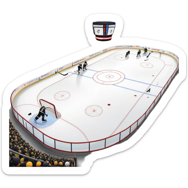 An icon featuring close-up shots of key hockey equipment: a hockey stick, puck, and skates. The background shows a packed stadium with cheering fans, bright arena lights, and an icy rink. Transparent background highlights the essentials of the game and the thrill of the sport. sticker