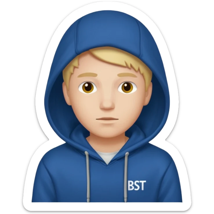 make an image of white person wearing hoodie with "BST" letters on it sticker