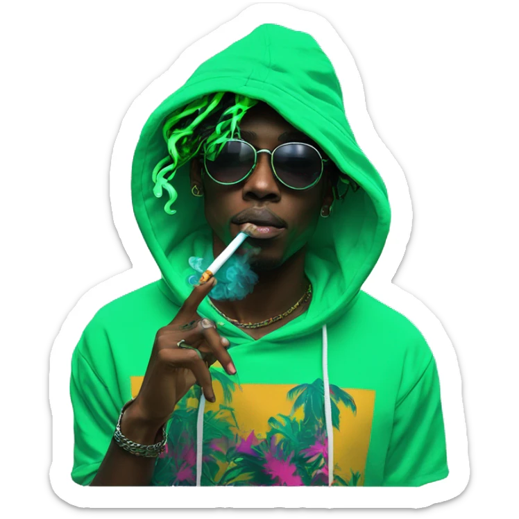 Multicoloured neon black and green graffiti person smoking wearing hoodie dancing hip hop bucket hat tropical Skater fashion aesthetic baggy clothes graphic t shirt 420 sticker