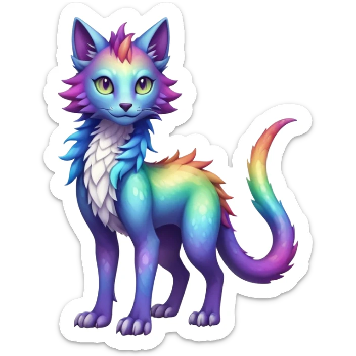 Kawaii dark rainbow iridescent fantasy ethereal feline-vernid-sergal-fursona animal creature with a tufted tail full body with intricate markings sticker