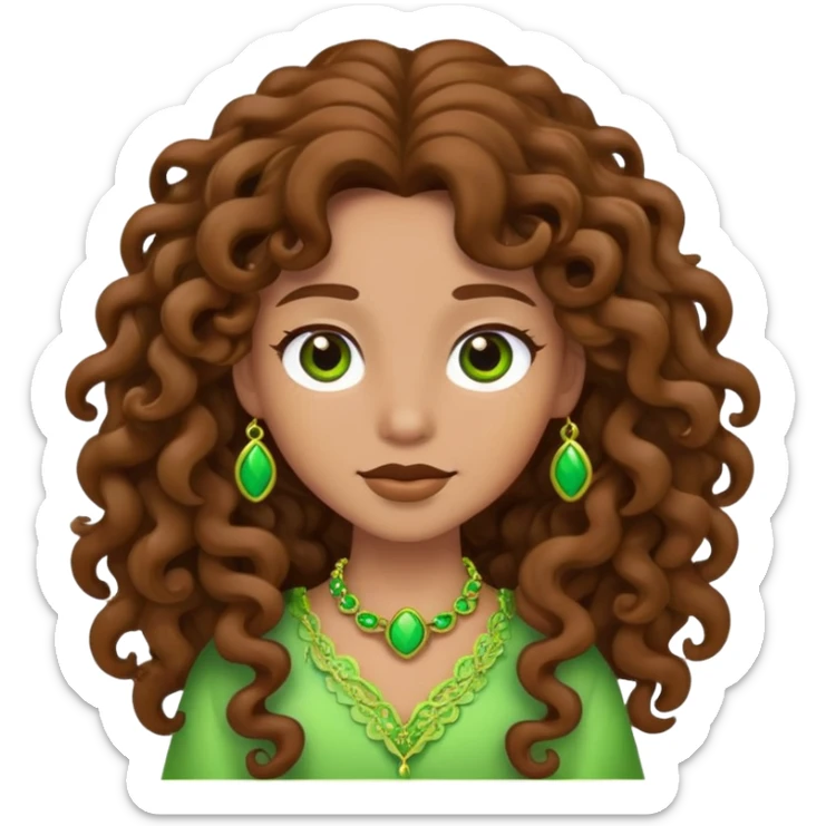 cartoon character with long brown curly hair and green accessories sticker