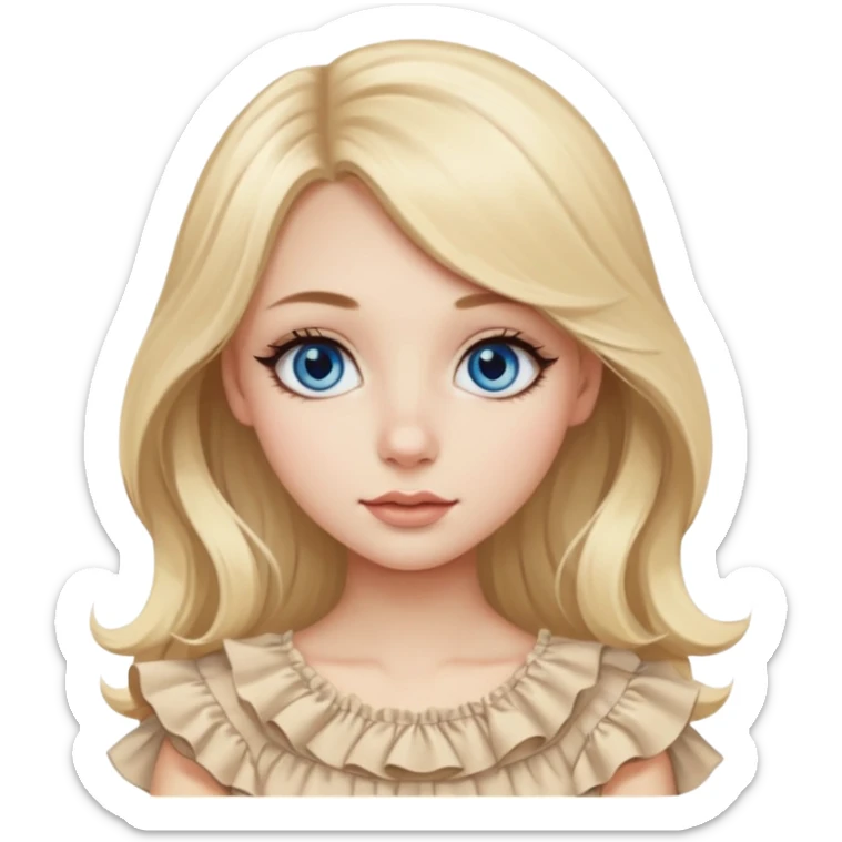Beautiful Emoji girl with not very big close-set blue eyes and eyeliner, long round nose, wide not very full lips, long oval face shape, long blonde hair in cute ruffle beige top sticker