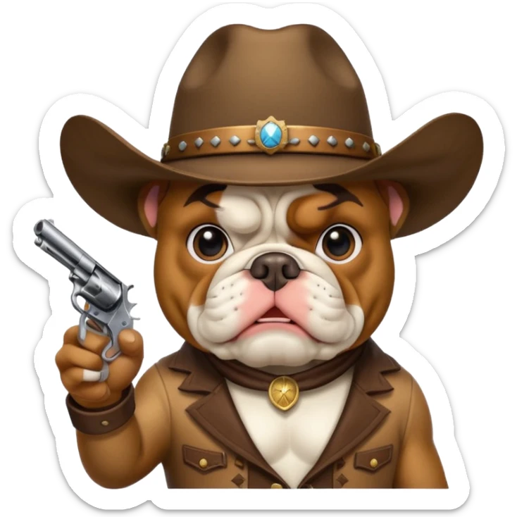 A bulldog wearing a cowboy hat pointing a revolver at you and telling you to hand over your money. sticker