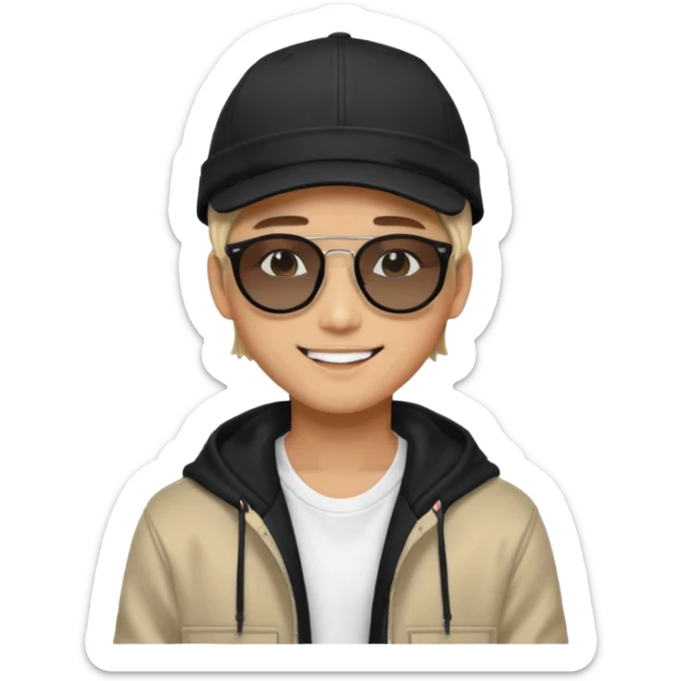 Portrait of a male K-pop idol, wearing a stylish streetwear outfit with layered clothing, makeup, wearing a black cap, happy, sunglasses sticker