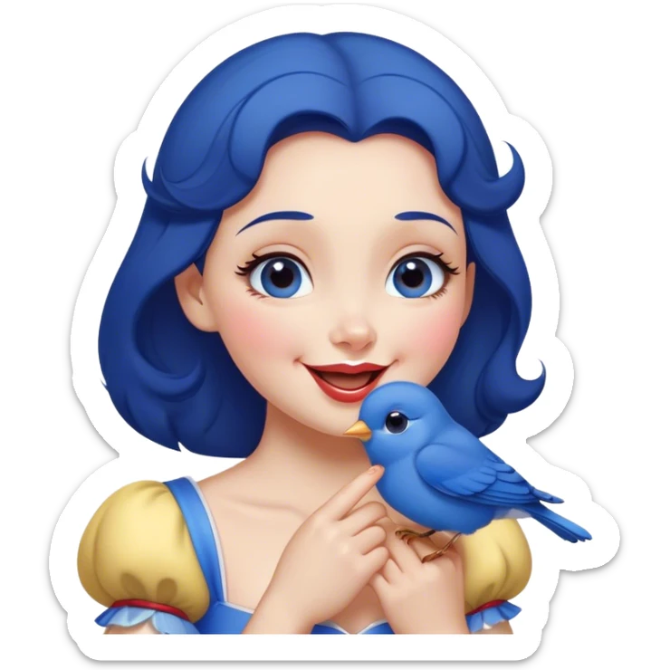 Cinematic Adorable Snow White Portrait Emoji, Giggling as a bluebird perches on her finger, cheeks rosy with joy, bright expressive eyes full of wonder, her innocence and beauty blending into a heartwarming moment! sticker