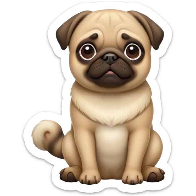 cinematic-[pug]-realistic-full-body-sitting-emoji,-tail-resting-loosely-beside-its-paws,-head-tilted-dramatically, -sleek-[fawn]-fur,-simplified-yet-realistic-focused-features,-highly-detailed,-glowing-with-an-almost-sarcastic-glow sticker