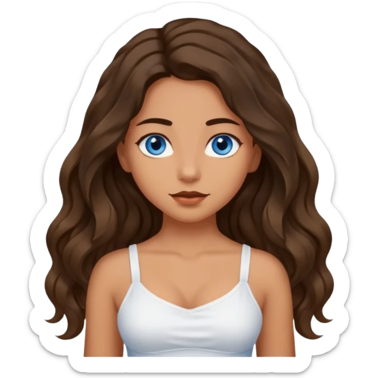 Girl with olive skin, blue eyes, brown dark insanely wavy long hair, white camisole, arms in an x  sticker