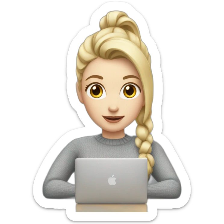 Woman with pale skin, short blonde ponytail and gray sweater sitting at table with Apple laptop sticker