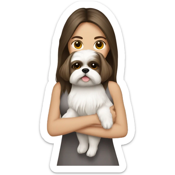 Young brunette hair woman with a cream shih tzu in her arms long hair sticker