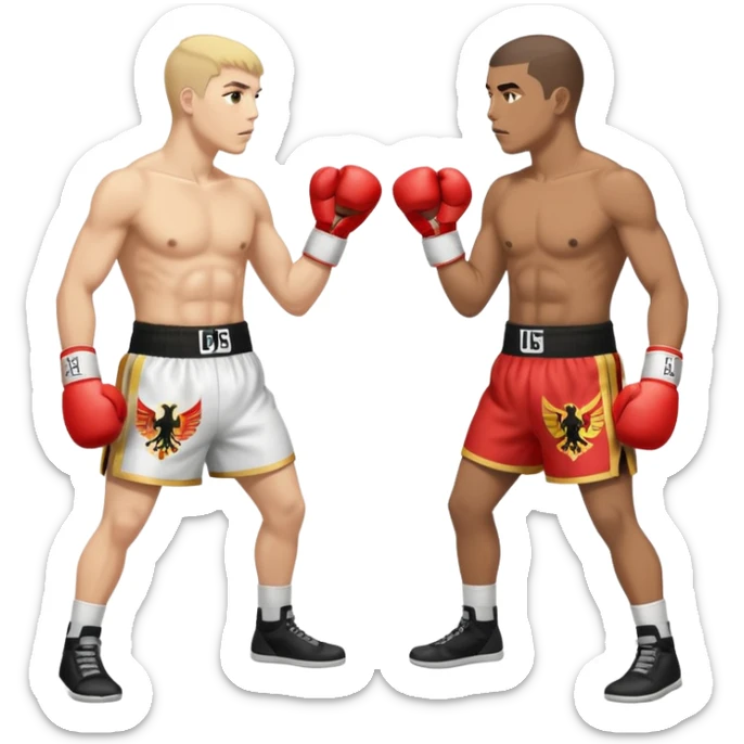 a sideways view of two boxers squaring up, one should have the flag of the HRE as his short while the other the Kingdom of Bohemia sticker