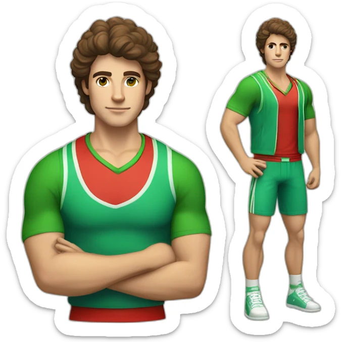 retro 70s red and green gym clothes for a modern white brunette uni male student with glass sticker