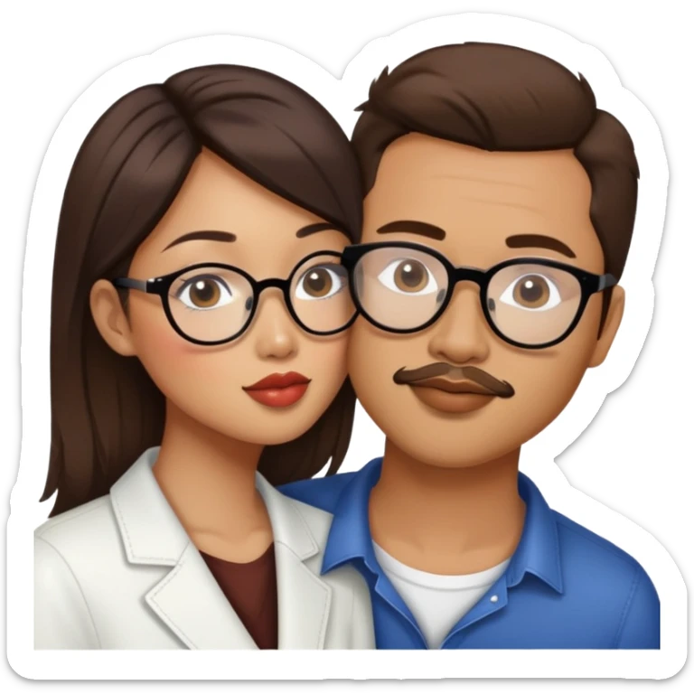 Fashion designer Asian American woman no glasses kissing a white guy with brown hair and only the white guy has beard stubble and glasses sticker