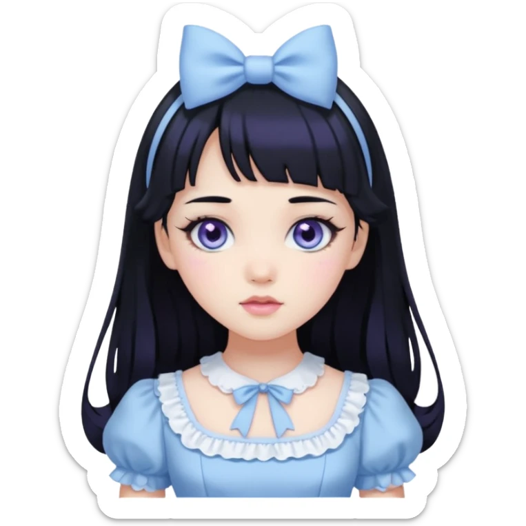 sweet lolita with black hair, violet eyes, white skin, wearing a light blue dress sticker