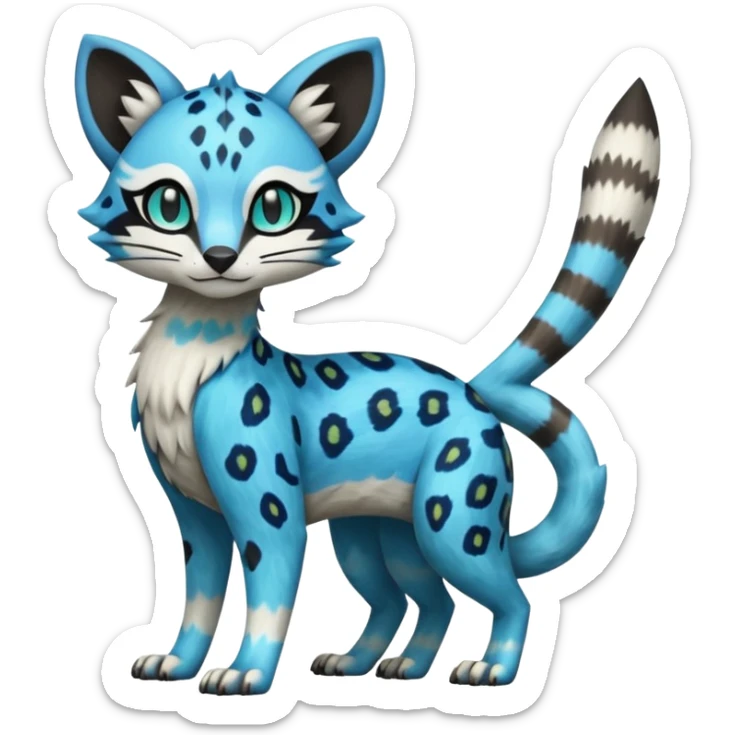 Colorful Meloetta-Sergal-Civet-Genet-Pokémon-Digimon-Fakémon-fusion-hybrid-creature with Cyan stripes and blue leopard-spot-markings  sticker