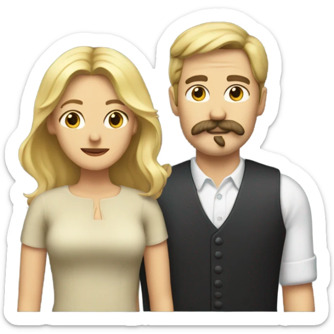Woman with shoulder length blonde hair and a man with a large mustache sticker