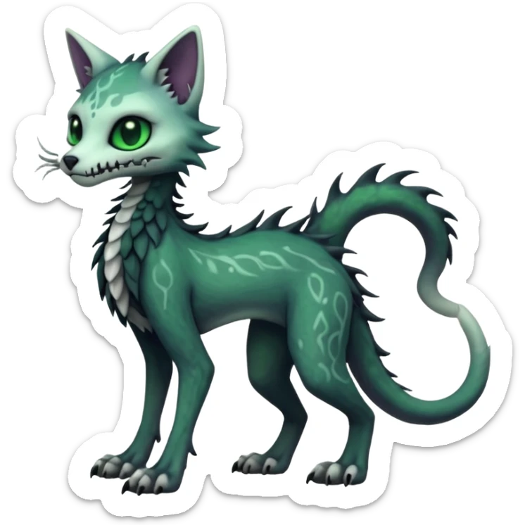 Scaley Kawaii spectral spooky dark bleak blackish swampy white-skeletal gloomy ghostly dark greyish dark-deep-greenish foggy eldritch beautiful realistic edgy fantasy ghoul-like stitched feline-vernid-sergal-fursona animal creature with a tufted tail full body with intricate markings  sticker