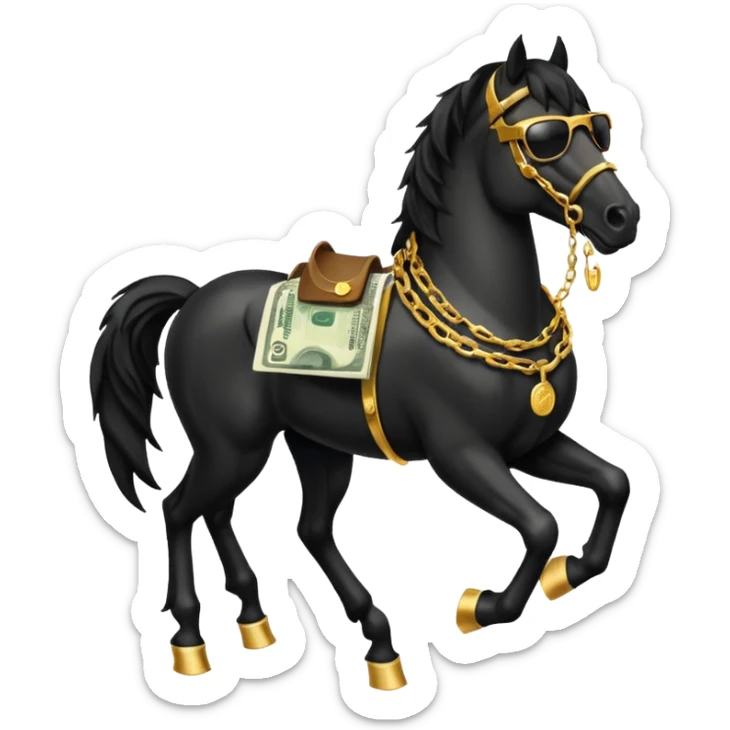 Black Horse looks gangster with Golden chains, sunglasses and Holds money sticker