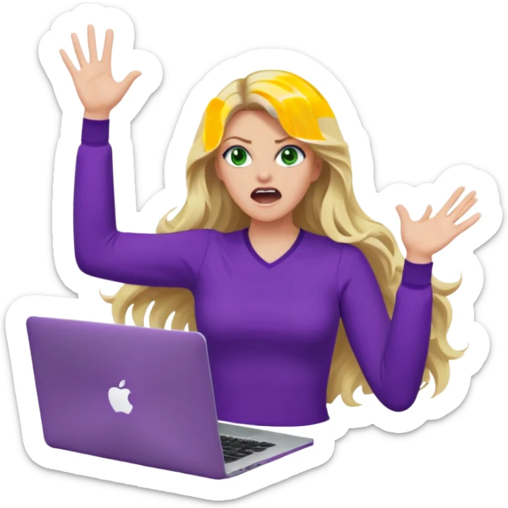 lady with long wavy blonde hair, purple top, green eyes, throwing her with a purple mac laptop hands in the air screaming, looking angry sticker
