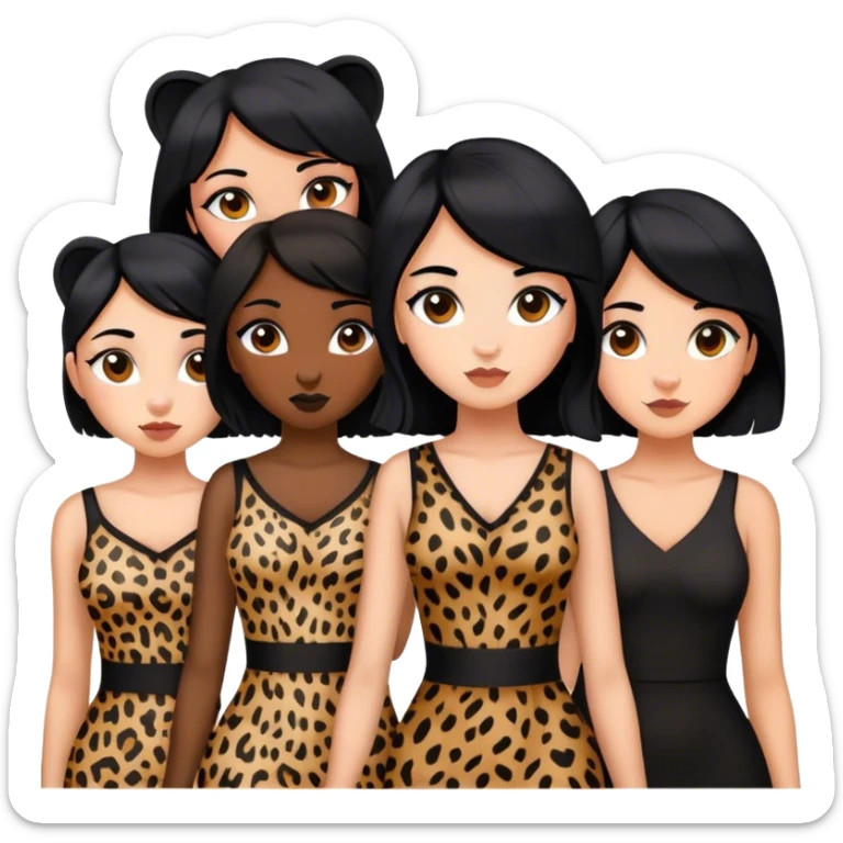 5 girls with black hair wearing cheetah print or black dress sticker
