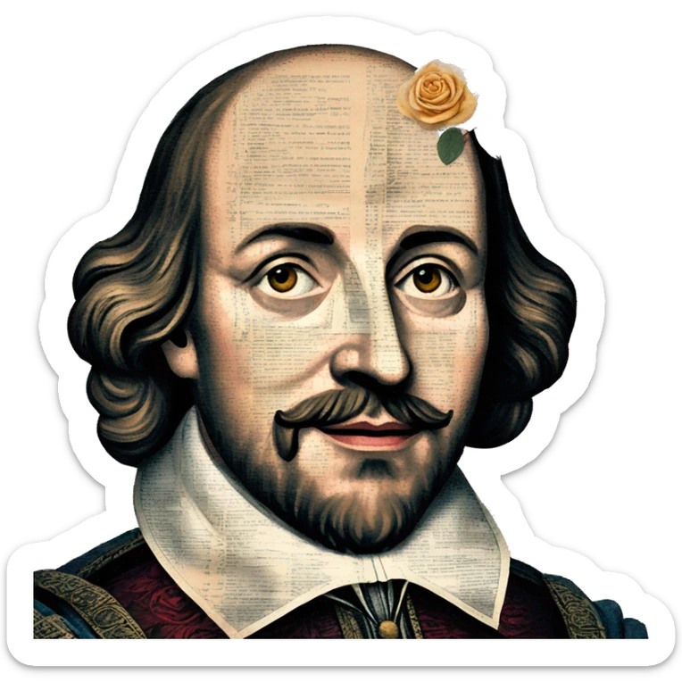 Shakespeare made of newspaper cuttings wearing flowers, roses flowers sticker