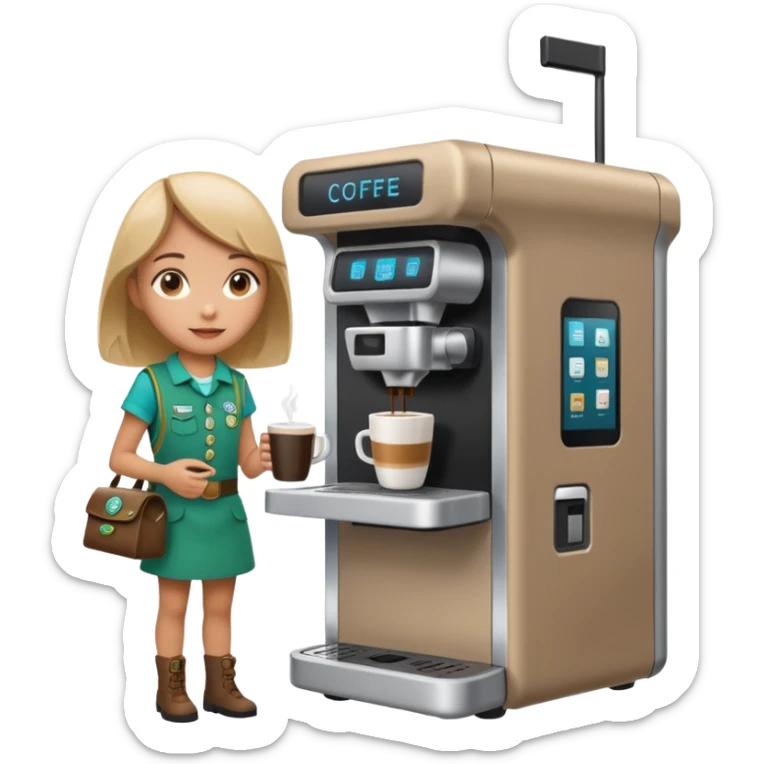 Girl Scouts selling coffee at her stand by the side of the road with their own robotic looking coffee machine  sticker