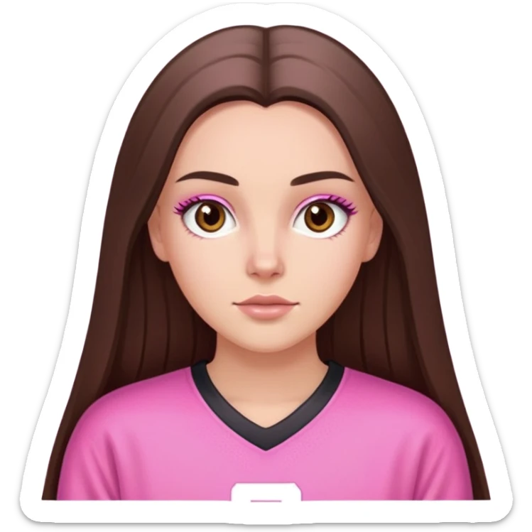 a white girl with long brunette shiny straight hair brown eyes and long eyelashes wearing a oversized pink jersey sticker