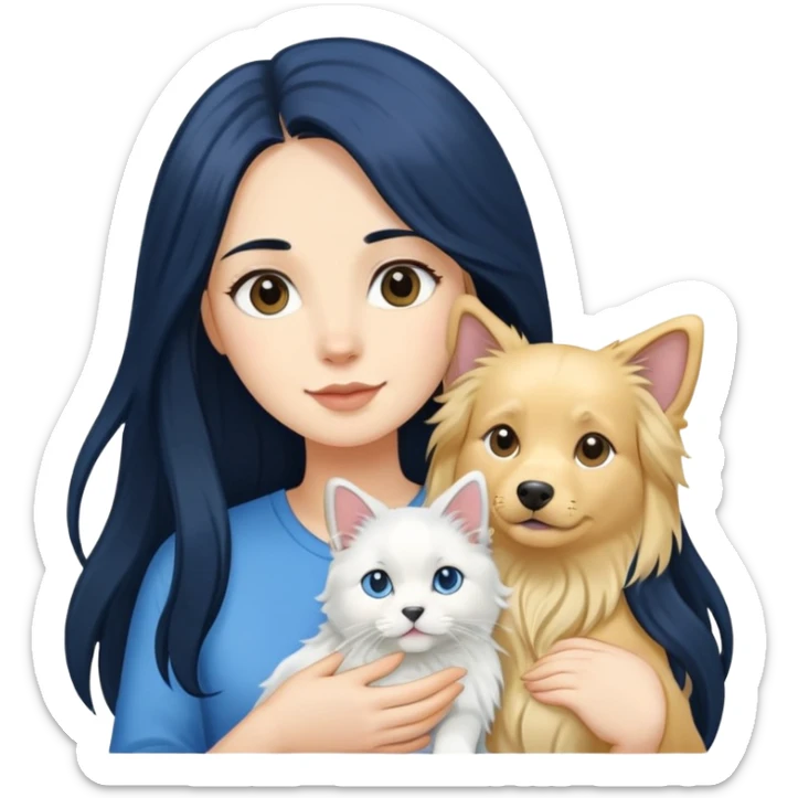 Woman with long black hair holding a blue and white long-haired cat and a golden retriever dog sticker
