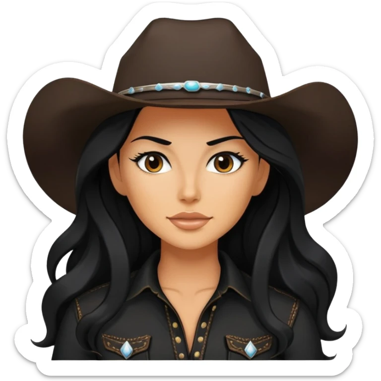 hot tanned woman with long black hair cowgirl style wearing black outfit sticker