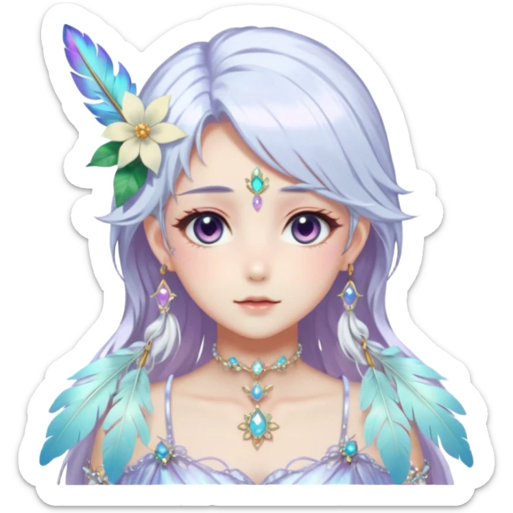 Beautiful gorgeous anime lady with beautiful iridescent-white-special-hair, fashion aesthetic, ethereal, fairycore, pastelcore, feather, flower, gems, accessories, jewelries, gold, colorful sticker