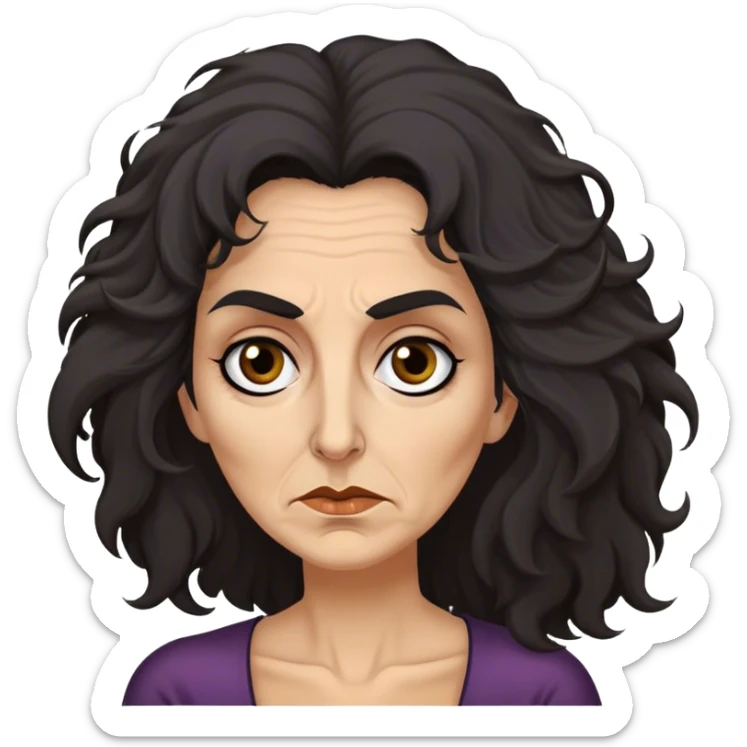 Mirri Maz Duur is a weathered, age 50 woman with deep-set dark eyes, high cheekbones, and a sharp nose, giving her a stern, knowing expression. Her long, unkempt dark frizzy hair  falls loosely over her shoulders sticker