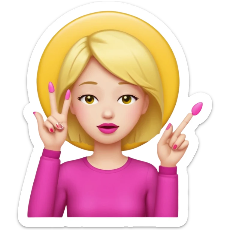 Yellow circle emoji exasperated and drumming fingers up the side of their head the eye is closed it is a side profile pink lipstick and pink nails sticker