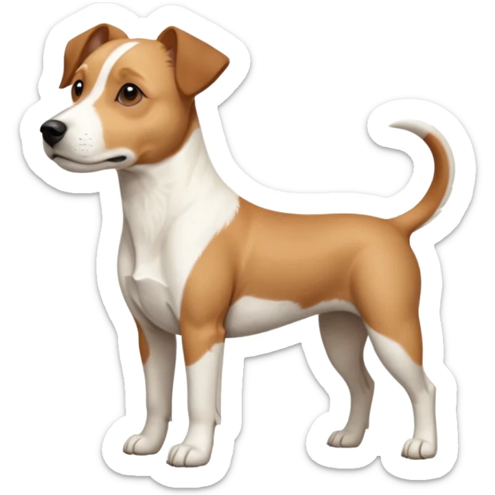 a full body facing front on of a buff white beagle cross jack russell terrier looking dog the size of a kelpie with light brown long ears resting on its face and a light brown patch above one eye and a large snout. the rest of the dog is completely white.  sticker
