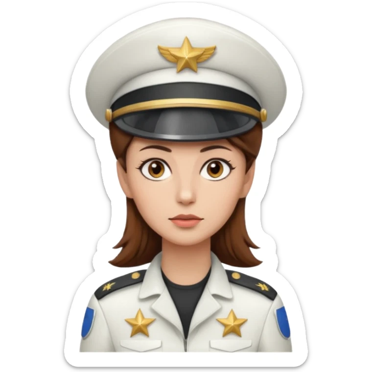 woman with brown hair and brown eyes.  space ship captain with white military hat sticker