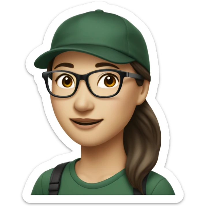 Hyper realistic, look from side, asian adult woman, light white skin, smiling with teeth, black eyes, spotted frame glasses, long brown straight hair with highlighted strands, black T-shirt, dark green cap. sticker