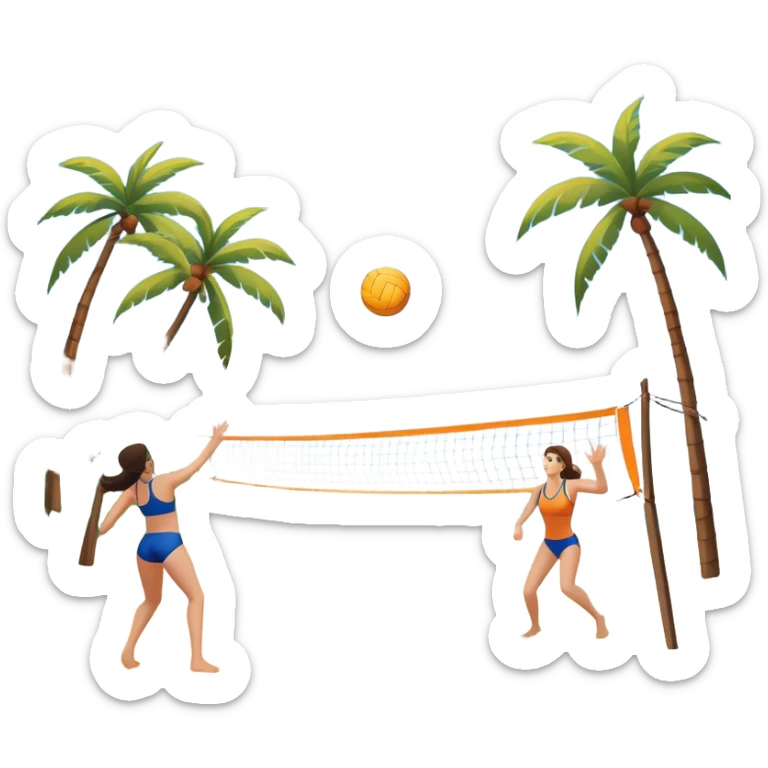 A volleyball resting on the orange sand of a beach, with a volleyball net in the background. The scene includes a beautiful beach landscape with blue sea, sky, and palm trees, while a couple of women in swimsuits play in the distance, capturing the relaxed yet competitive vibe of beach volleyball. sticker