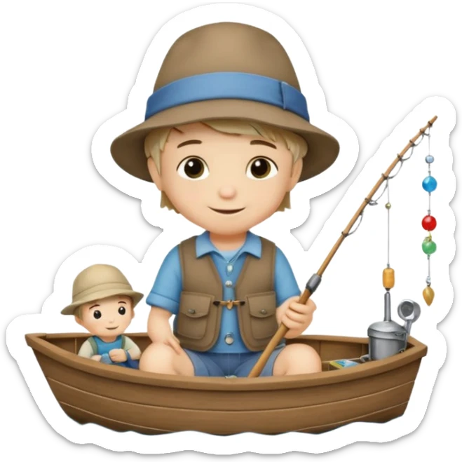 Little boy on a little boat fishing, felt texture, scrapbooking, precious moments style character sticker