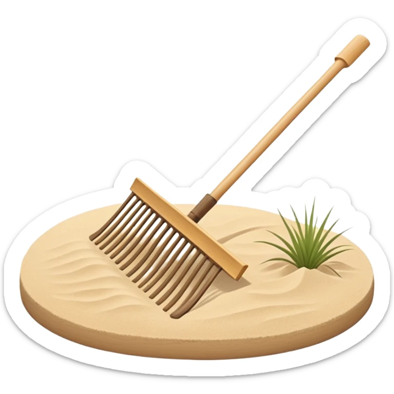 Minimalist emoji of a traditional Japanese zen garden rake (kumade) thin and balanced lines, natural light wood texture, soft sand-beige and warm neutral tones, flat vector style with subtle depth, centered composition, transparent background sticker