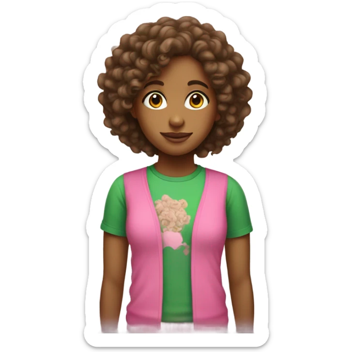 Brown girl with curly hair wearing pink and green t-shirt sticker