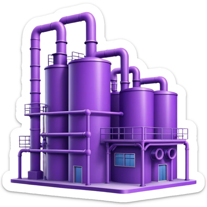 Minimalistic factory building in purple and violet tones, with pipes, sticker