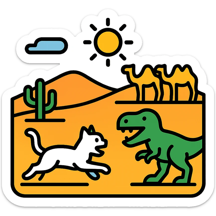 A white cat chasing a T-Rex in the desert with a herd of camels staring at them sticker