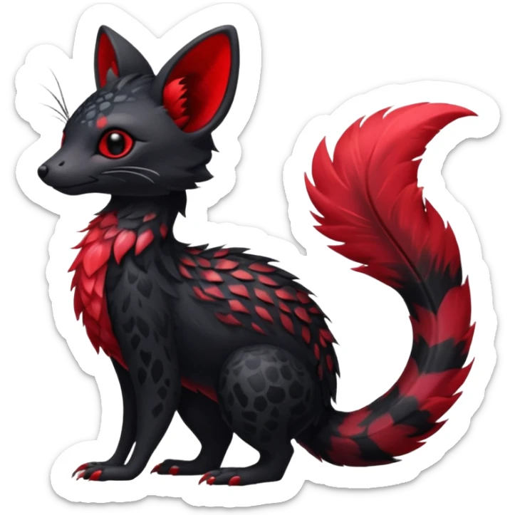 Feral Rare Fantasy shiny soft fuzzy furry vibrant tropical obsidian-black and crimson-red Vernid-Trico-species-creature by LiLaiRa, random markings, tufted tail, tufted ears, full body sticker
